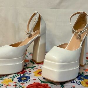 White Platform Heels with Rhinestone Charms